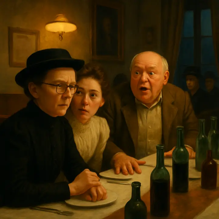 At the Pension Bertolini dining table the prim chaperon and the tired young tourist argue over rooms while rows of white water- and red wine-bottles and heavy portraits loom behind them. Suddenly a heavy-built, fair-shaven old man with large, childish eyes bangs the table and insists on swapping rooms, shattering the petty decorum. The contrast between the snug English tableau and the rude intrusion should feel startling and comic-awkward.