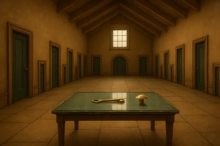 A long, low stone hall lined with dozens of tiny doors at varying heights recedes into shadow; brass knobs catch thin shafts of cool light from a distant opening. In the foreground a minute glass table sits on the polished floor, bearing a tarnished golden key and a single pale mushroom cap, their reflections doubled in the sheen. The scale is intimate and expectant, the architecture whispering of hidden passages beyond the little doors.