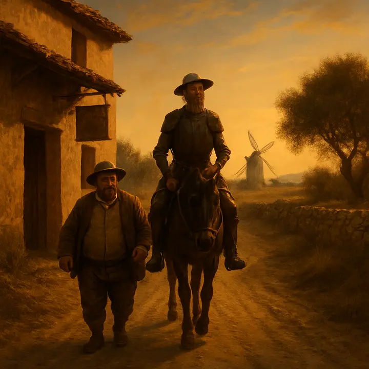 At dawn Don Quixote and Sancho depart the inn, taking the road under a pale rising sun; the inn’s battered sign swings slowly as they move away. The knight rides with proud, quixotic bearing while Sancho walks or rides beside him, pockets lighter but duty-bound; the emptiness of the lane and the wide fields ahead suggest more episodes awaiting them. The inn fades behind in the morning haze, the land of La Mancha opening to travel and consequence.