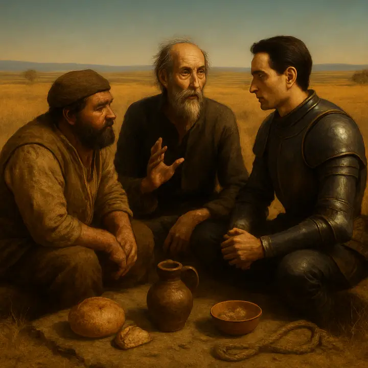 Under an open, twilight sky the three sit close on a coarse sackcloth spread on the grass, sharing a humble meal; Don Quixote, pale but exalted, raises a hand and begins a solemn, rapturous account of what he witnessed below, his companions leaning in as if before a sacred oracle. The ruined rope and the scattered provisions frame a moment of intimate storytelling and reverent hush.