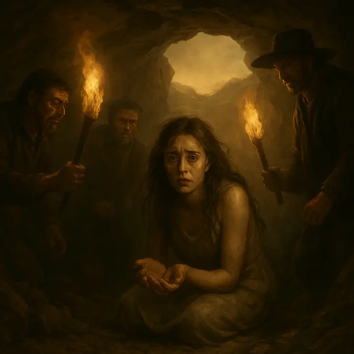 A harsh, rocky mountain cave at dusk: villagers have pried open the cave and find the girl crouched inside, stripped to her shift, clutching empty hands and looking pale and shocked while a few men hold torches and show expressions of anger, pity and confusion. The scene captures the raw moment of discovery — the soldier gone, her jewels and money gone, only the raggedness and humiliation remaining.