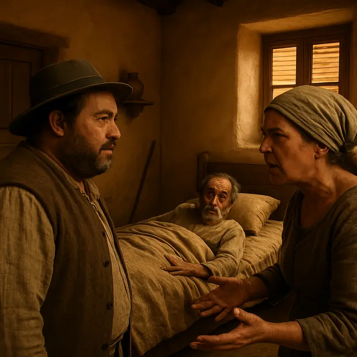 Back home in the dim, cramped bedchamber, Don Quixote is laid on a truss of hay while his niece and housekeeper fuss; Teresa Panza bursts in on seeing Sancho and quarrels with him about what he has brought back — Sancho, proud and complacent, promises island governorships while Teresa scolds, half incredulous. The old house smells of straw and herbs; Don Quixote, half‑bewildered, eyes his familiar room as if seeing it anew.