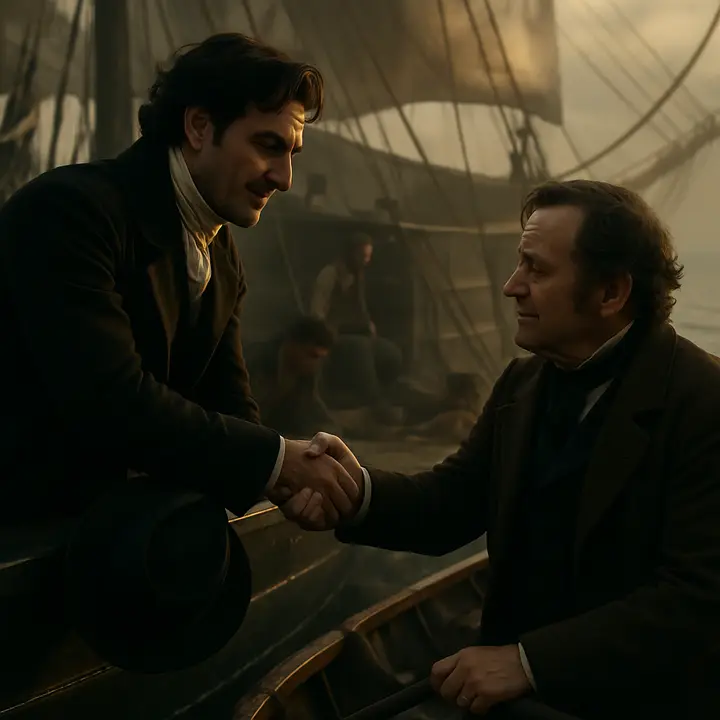 A small skiff rises alongside the Pharaon; Pierre Morrel, anxious and hopeful, reaches up while Edmond Dantès leans over the bulwarks hat in hand, greeting him warmly. The two men exchange the news of the voyage—relief and sorrow mixed in their faces—while the crew moves efficiently in the background.