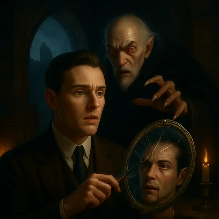 While shaving by the window Jonathan feels a hand on his shoulder and sees the Count over him, but the shaving‑glass shows no reflection. He cuts himself, blood trickles; the Count's eyes blaze and he lunges at Jonathan's throat, only checked when the beads of Jonathan's crucifix strike him — in a fury the Count seizes the glass and flings it out, smashing it on the courtyard stones.
