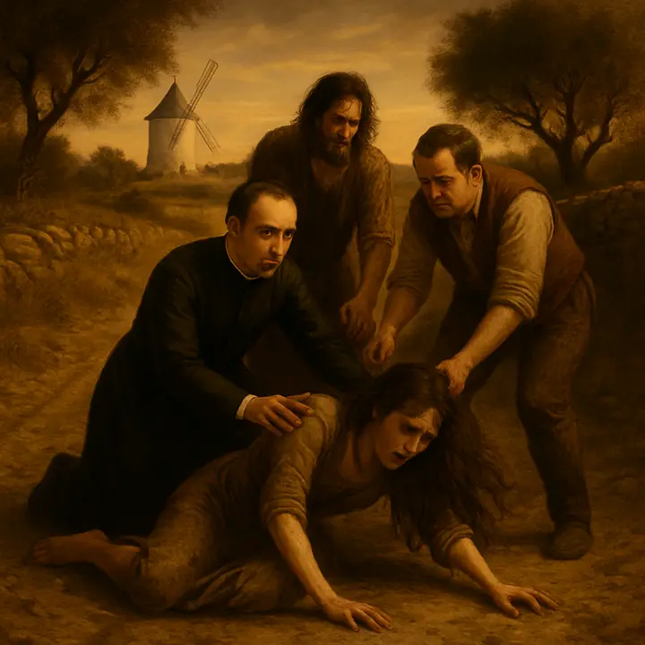 Startled by the men's rustle, Dorotea snatches a bundle and bolts barefoot over wet stones, skidding and falling as her hair tangles around her. The Priest and the others rush forward; the Priest kneels to gently reproach her fear while Cardenio and the Barber help her to her knees, the gift of sympathy palpable in their faces.