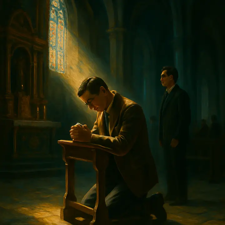Inside the dim, incense‑scented cathedral Jake kneels at a wooden prie‑dieu, forehead on the rail, praying in a warm shaft of colored light from a stained glass window. The vast pillars and shadowy worshippers recede behind him, conveying both piety and his private, drifting thoughts.