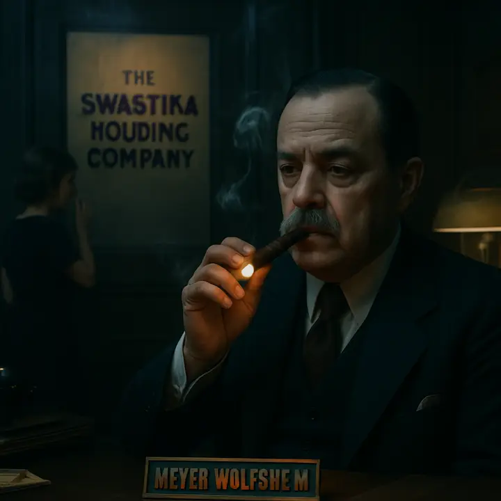 In a cramped Manhattan office door marked 'The Swastika Holding Company' a hostile secretary whistles tunelessly while Meyer Wolfsheim, small and solemn, appears and lights a cigar, offering it as if to seal an old business pact. The office is smoky and claustrophobic; Wolfsheim's calm, guarded reminiscence about Gatsby reads like a practiced elegy that avoids commitment.