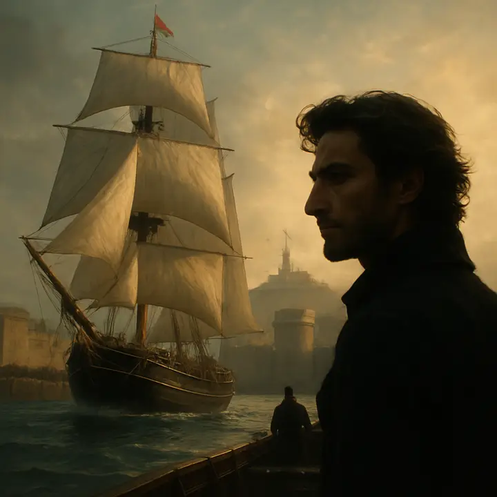 A broad panoramic view of the Pharaon bearing down the harbor under topsails, jib, and spanker, the signal flag snapping from Notre-Dame de la Garde and Fort Saint-Jean alive with watching faces. On the ship's quarter, a young, resolute figure watches every motion beside the pilot, a dark silhouette against the white sails and sunlit sea.
