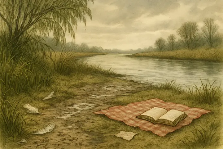 A sodden stretch of riverbank where churned grass and shallow puddles form a mottled ribbon along the water; clumps of wet feathers cling to reeds and the mud shows a scattered pattern of small, hurried tracks. Grey sky hangs low over reedy margins and a wide, slow river, the whole scene feeling trampled and wind-swept.