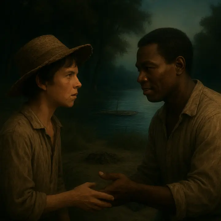 Moonlight glances off the river as Huck slips through the reeds onto the secret shore of Jackson's Island and confronts the sudden, grateful figure of Jim—both silhouetted against the pale water, faces a mix of relief and conspiratorial tenderness. The raft is visible downstream; the island's dark trees frame this furtive, life-changing meeting.