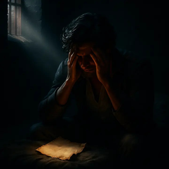 Alone on his narrow pallet, Dantès sits with his head in his hands as dusk falls, the weight of what he has seen and the dread of Faria's possible madness pressing down on him.