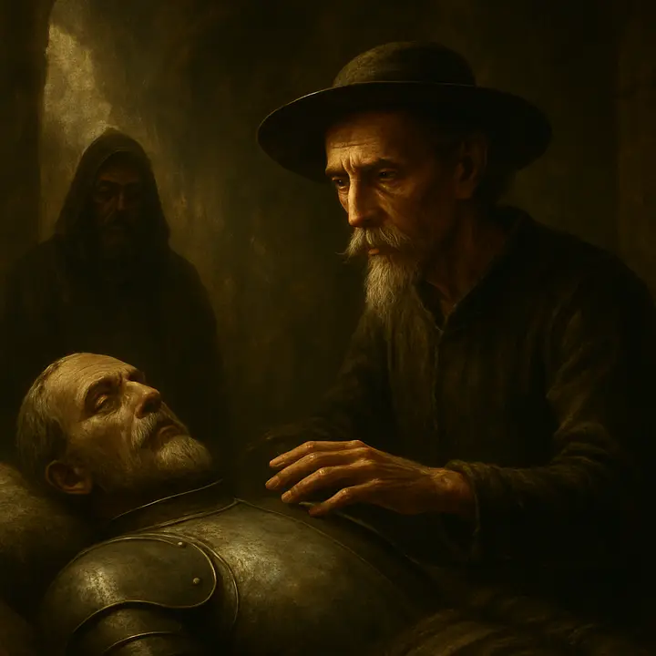 A close, solemn scene at the marble tomb: the sleeping knight lies as if of flesh and blood, while the ancient guardian recounts cutting out a heart and carrying it away. Don Quixote reaches out, fingertips hovering above the stone, caught between reverence and disbelief. The chamber is cool, alabaster white, veins of light revealing dust motes and the weight of centuries.