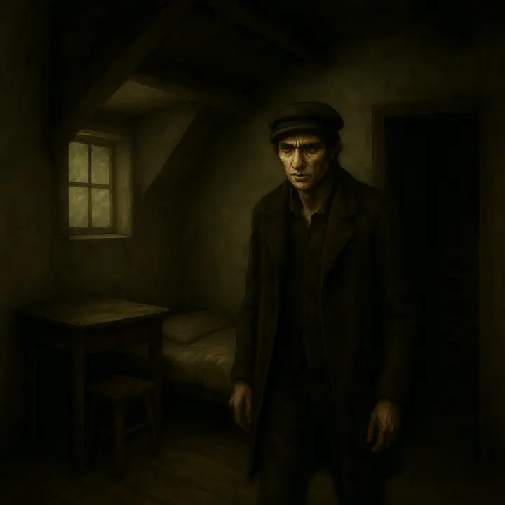 He catches the words 'About seven o'clock to-morrow' and feels an icy certainty descend: at seven the old pawnbroker will be alone. He walks toward his lodging like a condemned man, numb and glazed, every step carrying the irreversible weight of a decision that has already been made.