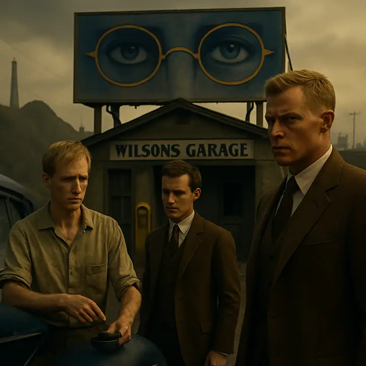 Under the bleached eyes of Doctor T. J. Eckleburg, Tom stops at Wilson's bleak garage; George Wilson, pale and hollow-eyed, unscrews the tank cap and speaks of sickness and escape while the oppressive ashheaps smolder around them. A dust-streaked coupe flashes past—Tom's contempt and Wilson's desperate resignation make a stark contrast beneath the billboard's brooding gaze.