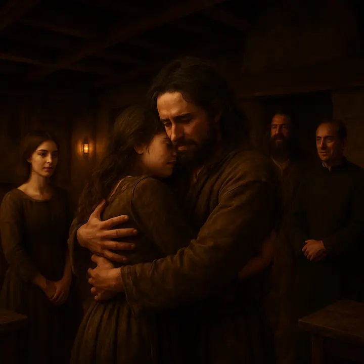 The long‑lost brothers collapse into each other's arms in a flood of weeping and inspection as the other guests crowd round—Zoraida is embraced by the elder man and the girl follows shyly; Don Fernando, Cardenio and the Priest stand close, relieved and moved. Tears, clasped hands, and the judge's (unnamed) robes mingle with the humble inn furnishings as promises are made to take the captain and Zoraida to Seville. The atmosphere is raw with reunited family tenderness and quiet vows of restitution.