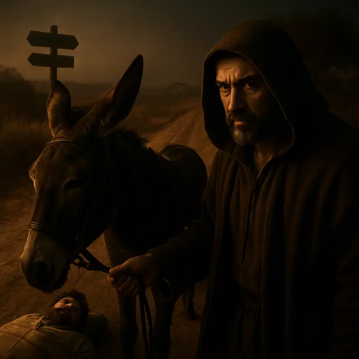 A furtive night theft: Ginés de Pasamonte, half-shadowed and nimble, leads away Sancho's donkey Dapple while the sleeping Sancho lies on his back, snoring, oblivious. The moon glances off Ginés's cloak and the donkey's harness as he slips into the road.