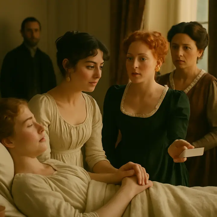 A quiet Netherfield sick chamber: Jane lies pale and feverish in bed with Elizabeth seated close, holding her hand and watching anxiously as the ladies hover. An apothecary or servant stands discreetly in the background; Caroline Bingley shifts from officious offer of a chaise to the softer, practical invitation that secures Elizabeth's stay, the moment heavy with tenderness and duty.