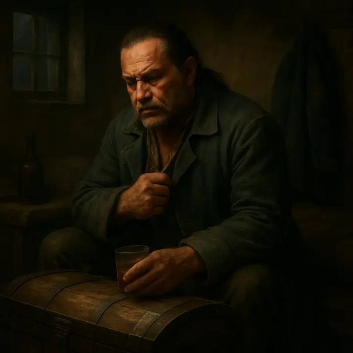 Alone in the cramped upstairs garret, the sea‑dog sits slumped amid patched clothes and a half‑empty bottle of rum; his cocked hat hangs askew and the great sea‑chest remains shut and mysterious in the dim light. He mumbles the refrain of his song to himself, brooding and solitary, while shadows from the window fall across the unopened chest.