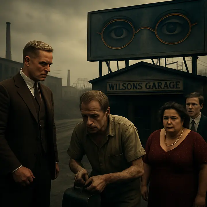 The car screeches to a halt at Wilson's grim garage; George Wilson, hollow-eyed and feverish, fumbles with the tank while Tom brusquely interrogates him and pays a dollar twenty. Through the garage window Myrtle peers down, flushed and jealous, misreading Jordan as Tom's wife; tension crackles as Tom's impatience and Myrtle's desperation collide under the watchful, faded eyes of Doctor T. J. Eckleburg.