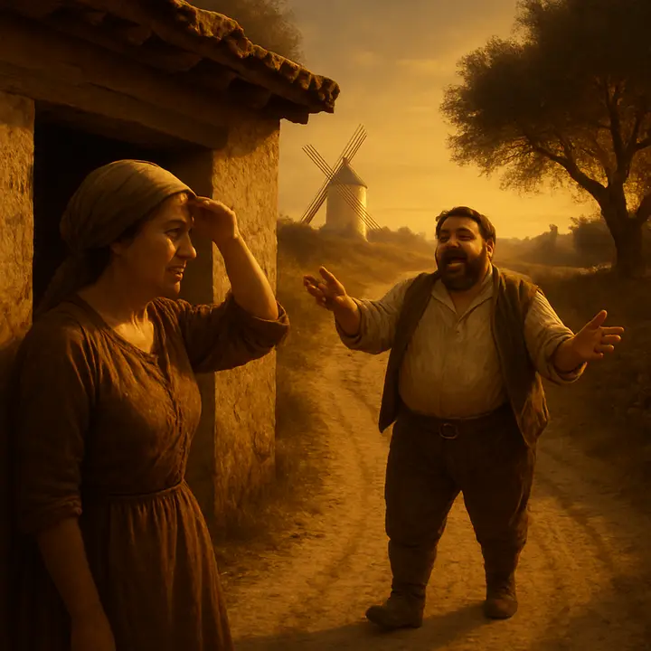 Teresa stands in the low doorway of their cottage, shading her eyes as she spots Sancho a bowshot down the dusty lane — his face alight with impossible hopes and a ridiculous dignity. He approaches animatedly, arms gesturing as if already narrating giants and crowns, while the village sunlight throws long shadows across the road.
