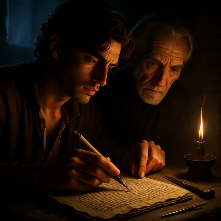 A close, tactile study of the treasures: tightly rolled linen pages covered in cramped Italian script, a delicate cartilage pen tied to a stick, a razor‑keen penknife and a larger blade fashioned from an iron candlestick, and a crude fat lamp primed with flint and sulphur. Hands turn the manuscript, and ink‑stained fingers examine the tiny, precise tools of a prisoner‑scholar.