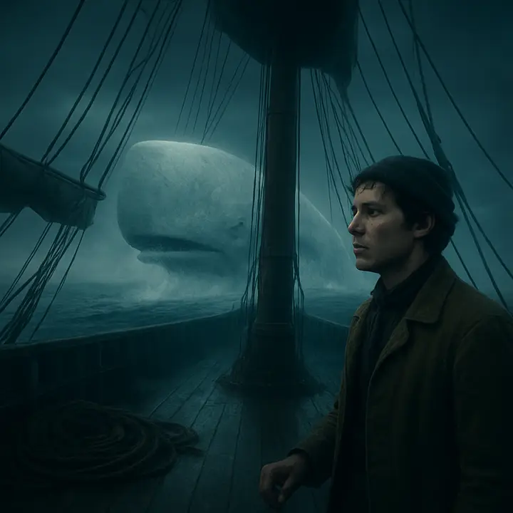 On the open sea a single enormous white back rises like an island—a hooded phantom resembling a snow-hill floating above the water—spray flashing in cold light as it breaks the horizon. A tiny human silhouette (Ishmael) stands on deck, dwarfed and transfixed by the leviathan, the scene alternating between sublime beauty and an undercurrent of menace.