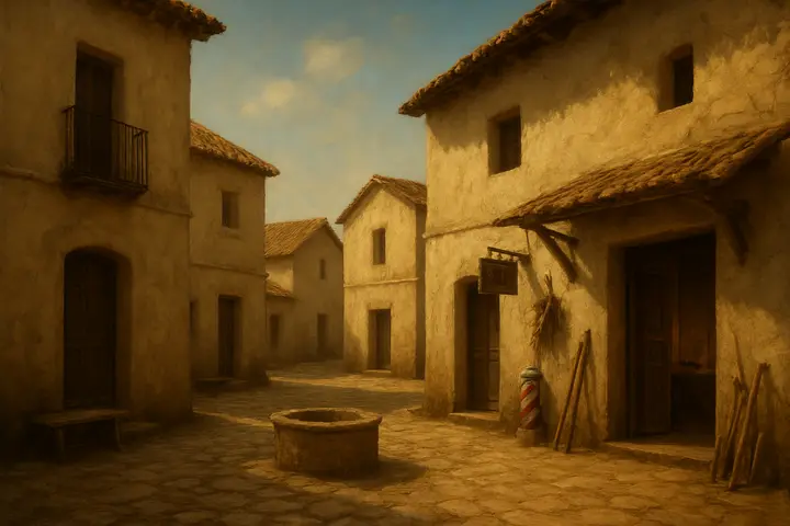 A small stone-paved plaza enclosed by whitewashed houses and a modest carved-wood barber's sign, with a narrow lane leading off toward clustered rooftops. A few weathered tools and splints lean against a plastered wall; bundles of drying herbs hang from an overhanging beam, promising care and repair.