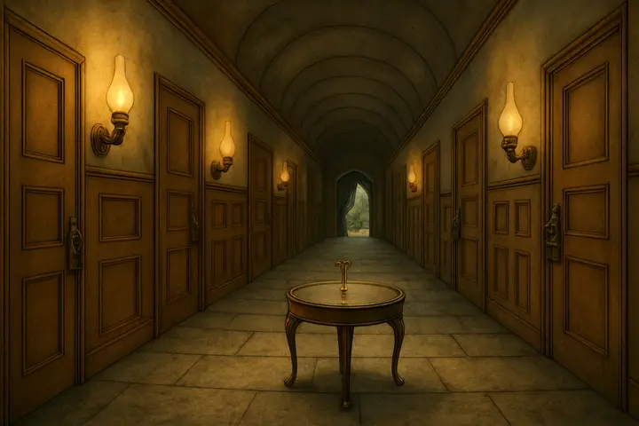 A long, low corridor lined with closed wooden doors, each fitted with a heavy lock, their brass glints catching pools of lamplight. At the center, a three-legged glass table holds a tiny golden key that gleams beneath the warm lamps; a short curtain beside it parts to reveal a fifteen-inch doorway opening onto a distant patch of garden.