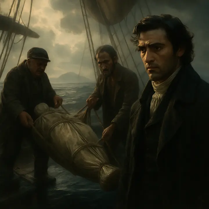 A grim flashback recounted by Dantès: sailors at sea performing a burial, a hammock-bound body lowered into the water with a heavy shot at head and heels, the ocean solemn and gray off El Giglio. The young seaman's face is pale as he narrates the captain's agony and the final rites.