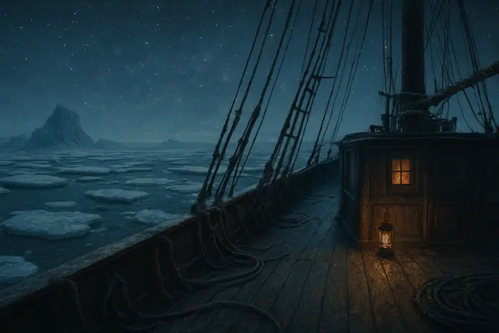 The ship's empty deck under a vast, star-freckled sky, rails and coiled ropes reduced to black silhouettes against a haloed, cold firmament. The dark sea slips by in long, slow swells, scattered floes catching starlight like lanterns; a thin mist threads the horizon, softening the line between water and sky. The scene reads as a suspended, silent expanse—beautiful, immense, and quietly ominous.