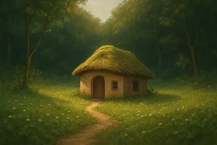 A sunlit clearing opens amid the trees, centered on a diminutive four‑foot house with a squat door and tiny windows, its low roof almost level with the surrounding grass. Knee‑high clover and a narrow beaten path ring the cottage, saplings leaning like sentinels and the darker forest pressing close around the bright pocket of earth.