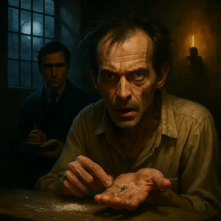 In Dr. Seward's asylum, Renfield obsesses over life: he spreads sugar, catches flies, feeds spiders and then watches as birds appear and vanish; feathers and a smear of blood stain the pillow. Dr. John Seward looms with a notebook, half‑horrified, half‑fascinated, as Renfield fawns and then flashes a sudden, animal look that promises violence.