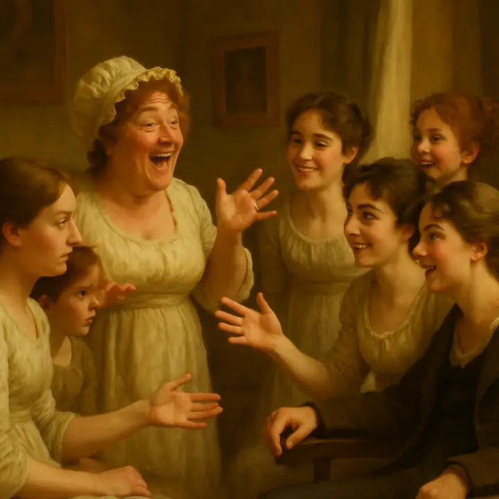 The Bennet sitting-room erupts as Mrs. Bennet gushes about the new gentleman at Netherfield, hands fluttering and eyes wide, while Mr. Bennet leans back with a dry, amused half-smile. The five daughters cluster around, some embarrassed, some eager, as the domestic comedy of matchmaking plays out in animated gestures and sharp banter.