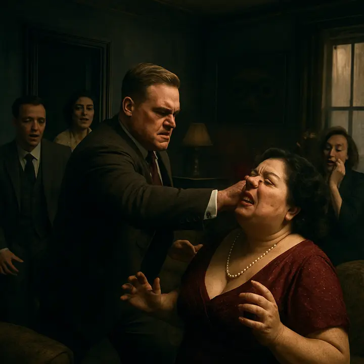 The party unravels into violence: Myrtle screams Daisy’s name and Tom snaps. In a single brutal motion Tom’s open hand connects with Myrtle’s face, blood spurting as chairs, shawls, and scandalized faces scramble; towels are pressed to a bleeding nose while shocked guests shout and stumble through the cramped room.