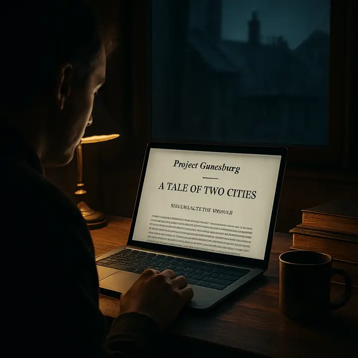 A solitary reader at a night-lit desk pauses with a finger on the trackpad as the laptop screen displays the Project Gutenberg page and the same START OF THE EBOOK banner, the glow illuminating the reader's thoughtful face. Outside the window, indistinct dark rooftops suggest old cities; inside, a mug and a stack of worn paperbacks hint at long engagement with literature. The image captures the moment the digital portal becomes personal — the ancient text meeting a modern reader.