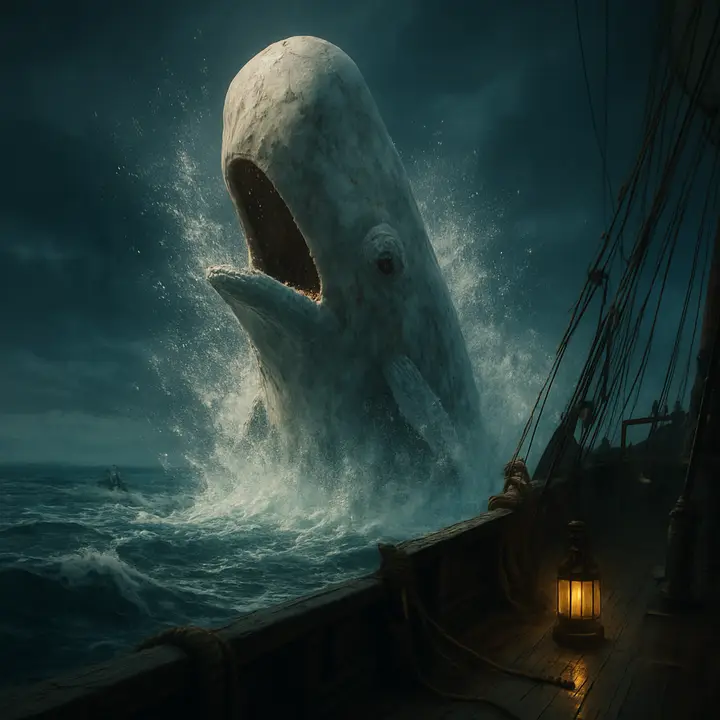 A monstrous whale bursts from the ocean, mouth gaping, water thrown into foaming ramparts as it rises vertically; the sea around it is churned into a furious white spray. Small watercraft silhouettes and shattered waves emphasize the animal’s terrifying scale. 