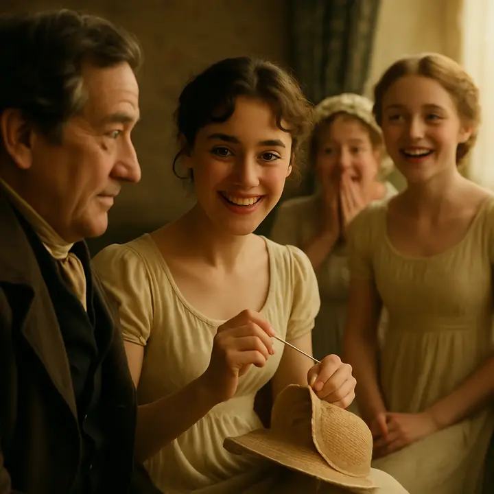 Elizabeth sits trimming a hat, needle poised, when Mr. Bennet delivers the surprise that he has already visited Mr. Bingley, his face teasing and satisfied. The daughters break into a whirl of conspiratorial delight and disbelief, Mrs. Bennet clasping her hands to her mouth as the news turns gossip into imminent action.
