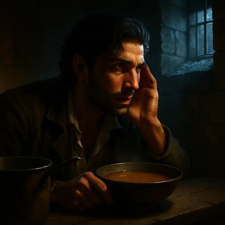 Feigning delirium to keep the jailer from interrupting the noise, Edmond chatters about the bad food and then gulps down the soup with exaggerated relish to test whether the workers or a fellow prisoner make the sound. He listens, bowl in hand, every muscle taut.