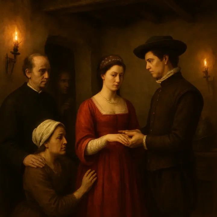 A flashback to a lamplit great hall in the Hidalgo's Country House: Luscinda radiant in crimson and white, jewelled head-dress glinting by four torches; Don Fernando gives a ring as The Priest officiates, while a hidden Cardenio watches, cramped between two tapestries, his face pale with horror. The bride faints into her mother’s arms as a sealed paper is discovered — theatrical, terrible, suffocating with betrayal.