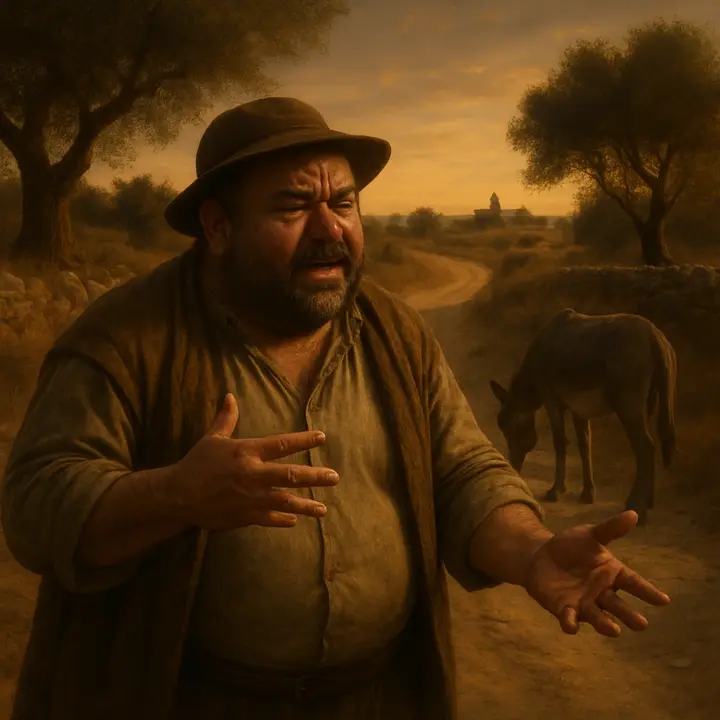 Sancho alone at the foot of a roadside tree, dismounted and talking to himself in exaggerated comic soliloquy — hands gesturing, brow furrowed — as he rationalizes inventing Dulcinea out of the first village girl he meets. Around him the plain stretches empty; his donkey grazes nearby, and his expression shifts from worry to scheming mischief as he settles on his crafty plan.