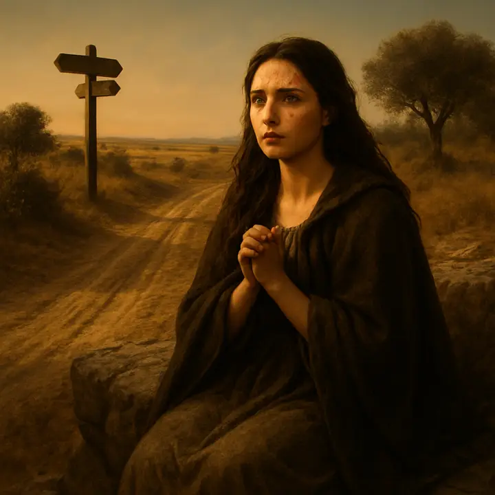 A desperate flight in the thickest woods of the sierra: Dorotea hurls a would‑be violator over a crag and clambers up into jagged refuges, bloodied but defiant, praying to Heaven and preferring death or concealment to dishonour. She crouches on a windswept ledge, wrapped in cloak and shadow, resolved and alone against an unforgiving landscape.