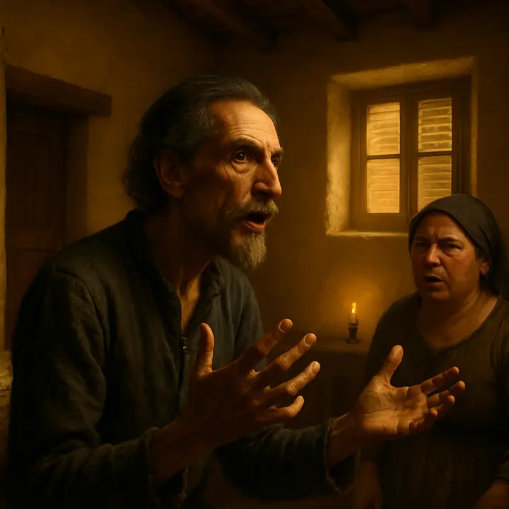 Don Quixote rises in a low, grand voice and paints monstrous visions—giants with cloud-reaching heads, mast-like arms, and eyes like mill-wheels—his hands cutting the air as if summoning foes. Maritornes (and an off-screen niece) recoil in a mix of horror and incredulous laughter while the knight’s face becomes rapt, scholarly, and dangerously earnest as he shifts to lofty histories and the taxonomy of noble houses.