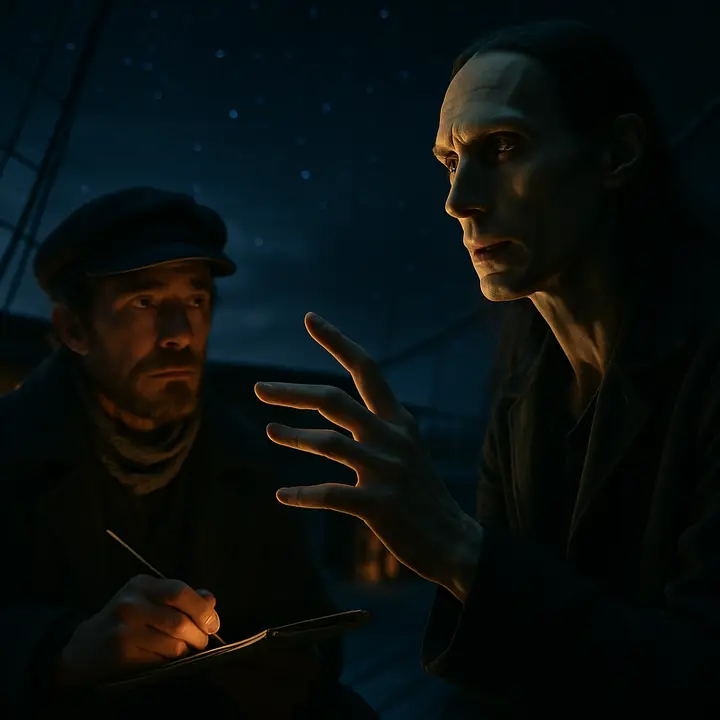 Night on deck: the stranger, now steadier, promises to relate his tragic history and lifts a thin hand as if to gesture the tale into being; Walton sits with pen poised, eyes fixed on the stranger's luminous, melancholy gaze. The ship drifts under a starry sky while both men sit on the edge of a story that promises horror and warning.
