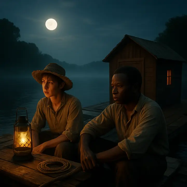 Huck and Jim crouch on a battered raft as a bank of blue-black fog rolls across the river; moonlight picks out the edges of their faces and the slow, reflective sweep of the water. A single lantern throws a warm pool of light on an oar and a coil of rope, making the raft feel like a fragile island in an immense, watching night.