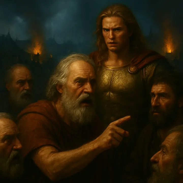 Achilles, towering and furious, confronts the assembly as Calchas the seer, pale and resolute, exposes Agamemnon’s affront to Apollo; elders like Nestor lean forward in pleading and dread. Faces around the council register shock as the cause of the plague is named and the demand to return Chryseis hangs in the air.