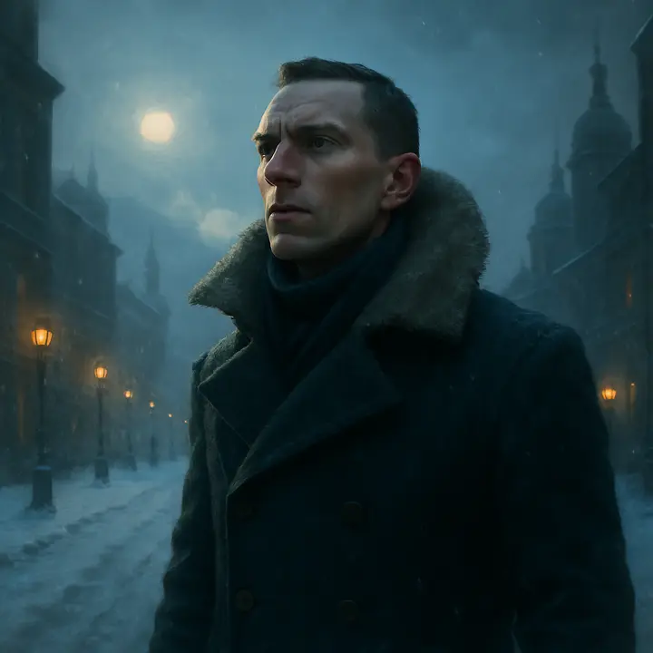 Robert Walton strides through the snow-swept streets of St. Petersburgh, fur collar up, breath clouding the air as a keen northern wind plays across his cheeks. He gazes northward with rapt wonder; in the pale sky above him a faint, imagined disk of a low sun hovers on the horizon, hinting at the eternal light he dreams of.