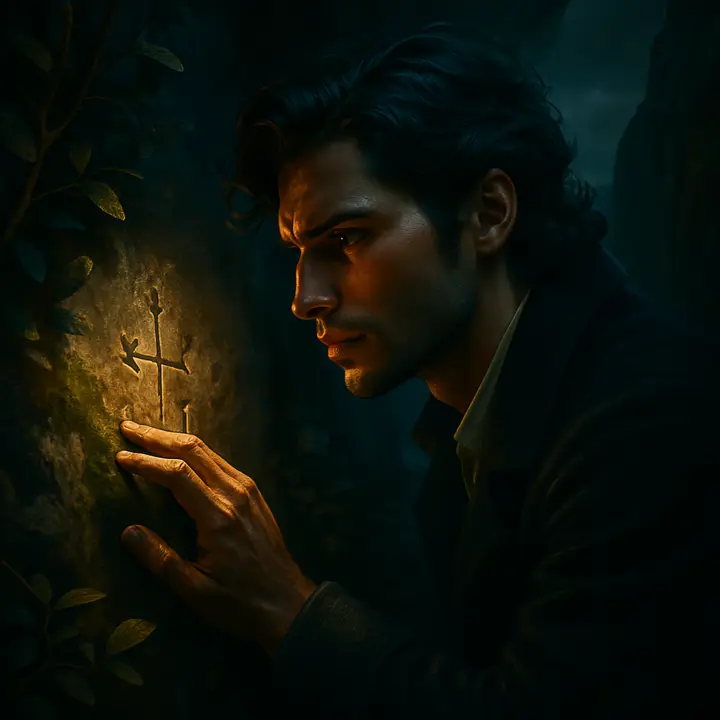 By daylight Edmond creeps along a narrow rocky cleft, parting myrtle and scraping lichen to reveal faint carved guide-marks on the stone that seem to survive time's wear. His hands and face are intent and hopeful as he traces the marks, convinced they are the hidden route to the cardinal's secret. Focus on the tactile act of discovery—the weathered marks, the green myrtle, the concentration on his face.