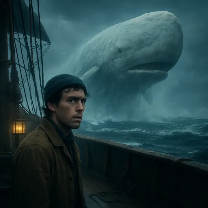 Ishmael's imagination unleashes the great whale: a vast, hooded phantom rising from a storm-tossed sea like a snow-hill in the air, an island bulk dwarfing a tiny, fragile ship. The vision is both wondrous and ominous, spray and cloud swirling around the whale's flanks as if foretelling peril. 