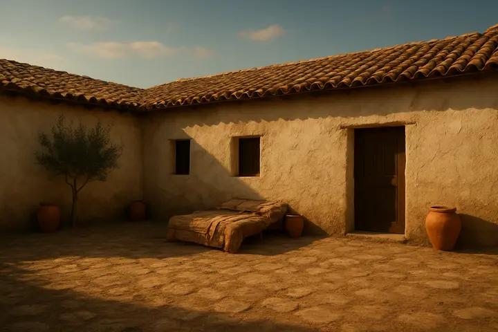 Inside a low-beamed cottage, a smoke-darkened hearth sits at the heart of the room, its embers throwing warm light across a rough wooden table and a heap of patched linens. A spinning distaff and a basket of flax lean against a whitewashed wall, while a small cradle and a narrow pallet bed are tucked beneath rafters stained by years of cooking smoke. The space feels compact and worn, every surface marked by domestic use and careful thrift.