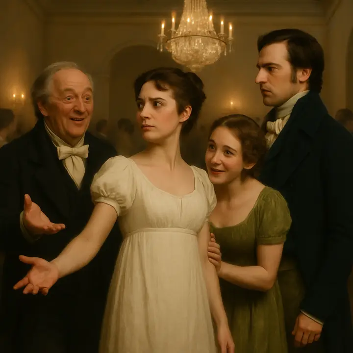 At the assembly rooms, Sir William Lucas eagerly proposes Elizabeth as a partner to Mr. Darcy; Elizabeth recoils with arch discomposure and a daring eyebrow, refusing the offer, while Sir William beams and Maria Lucas prompts her encouragement. Mr. Darcy stands nearby, polite and restrained, the slight shift in his posture suggesting inward interest beneath formal reserve.